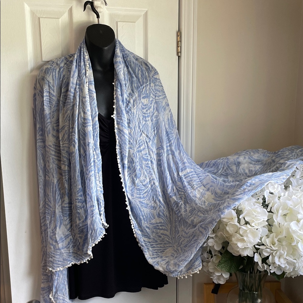 Blue /Purple and White Patterned Scarf Shawl Wrap with White Lace Trim-So Pretty